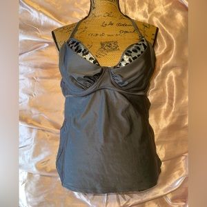Long Top Piece Bathing Suit Top Grey with Sequin Peek A Boo Cheetah Print